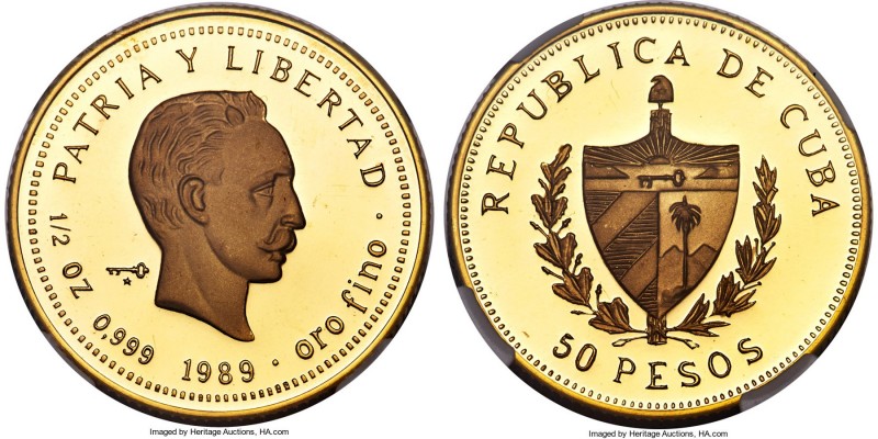 Republic gold Proof Piefort "Jose Marti" 50 Pesos 1989 PR68 Ultra Cameo NGC, KM-...