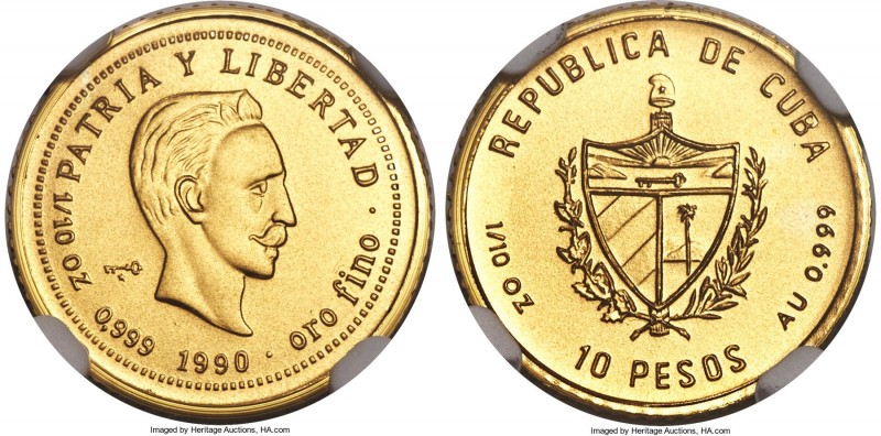 Republic 5-Piece Certified gold "Jose Marti" Set 1990 NGC, 1) 10 Pesos - MS70, K...