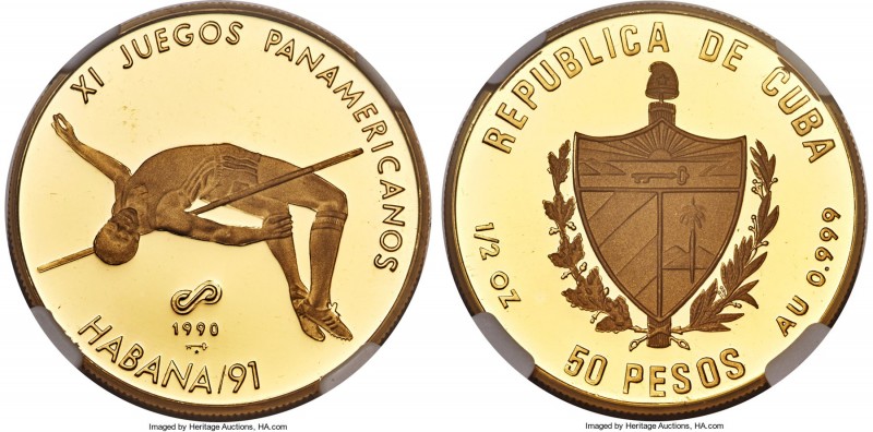 Republic gold Proof "XI Pan-American Games - High Jump" 50 Pesos 1990 PR69 Ultra...