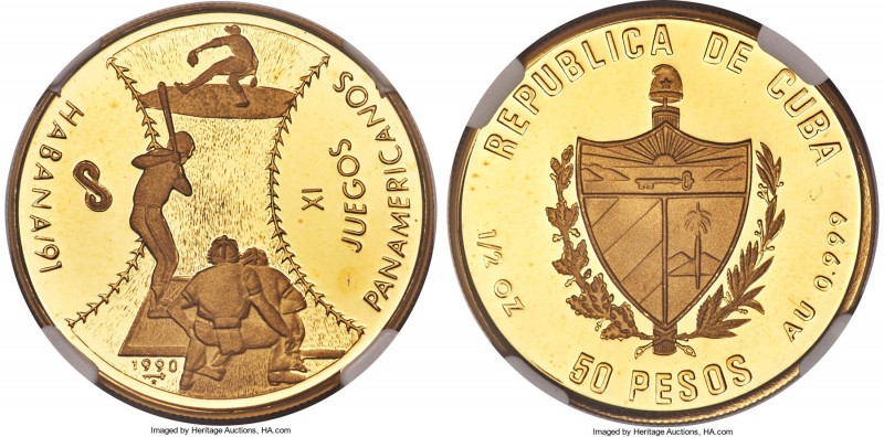 Republic gold Proof "XI Pan-American Games - Baseball" 50 Pesos 1990 PR68 Ultra ...