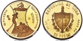 Republic gold Proof Piefort "XI Pan-American Games - Baseball" 50 Pesos 1990 PR67 Ultra Cameo NGC, KM-P48. Mintage: 12. Struck to commemorate the base...