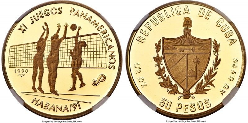 Republic gold Proof "XI Panamerican Games - Volleyball" 50 Pesos 1990 PR70 Ultra...