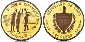 Republic gold Proof Piefort "XI Pan-American Games - Volleyball" 50 Pesos 1990 PR67 Ultra Cameo NGC, KM-P50. An elusive Piefort type with only 12 exam...