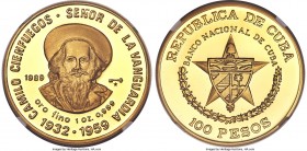 Republic gold Proof "Camilo Cienfuegos" 100 Pesos 1989 PR69 Ultra Cameo NGC, KM334. Mintage: 150. A bright, shimmering Proof example. From the El Don ...