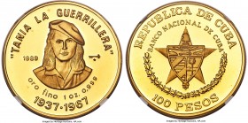 Republic gold Proof "Tania La Guerrillera" 100 Pesos 1989 PR69 Ultra Cameo NGC, KM333. Mintage: 150. Struck in commemoration of Tania La Guerrillera. ...