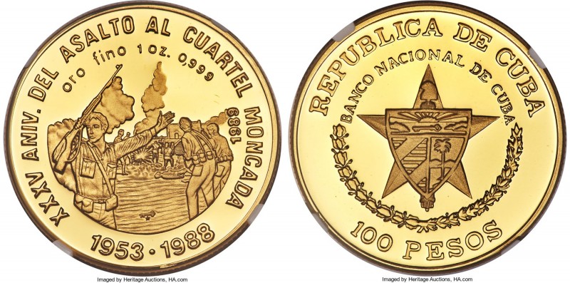 Republic gold Proof "Moncada Garrison Assault" 100 Pesos 1989 PR69 Ultra Cameo N...