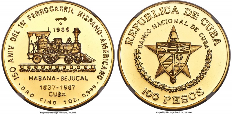 Republic gold Proof "First Train in Cuba" 100 Pesos 1989 PR69 Ultra Cameo NGC, K...