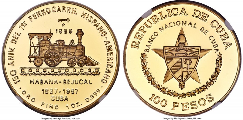 Republic gold Proof "First Train in Cuba" 100 Pesos 1989 PR69 Ultra Cameo NGC, K...