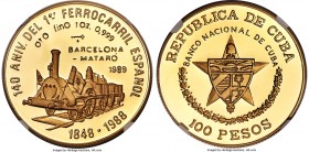 Republic gold Proof "First Train in Spain" 100 Pesos 1989 PR69 Ultra Cameo NGC, KM318. Mintage: 150. Commemorating the 140th anniversary of the first ...