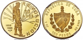 Republic gold Proof "30th Revolution Anniversary" 100 Pesos 1989 PR69 Ultra Cameo NGC, KM447. Mintage: 250. Featuring Fidel Castro. An essentially fla...