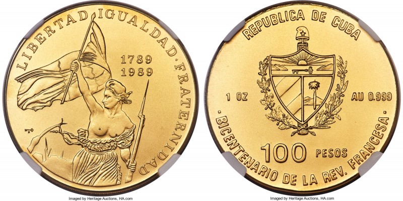 Republic gold "French Revolution" 100 Pesos 1989 MS70 NGC, KM319. Mintage: 150. ...