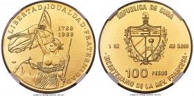 Republic gold "French Revolution" 100 Pesos 1989 MS70 NGC, KM319. Mintage: 150. A perfectly preserved emission commemorating the 200th anniversary of ...