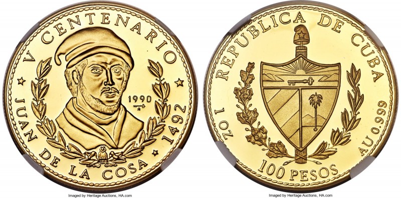 Republic gold Proof "Juan de la Cosa" 100 Pesos 1990 PR69 Ultra Cameo NGC, KM305...