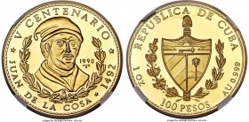 Republic gold Proof "Juan de la Cosa" 100 Pesos 1990 PR69 Ultra Cameo NGC, KM305. Mintage: 205. Struck as part of the "500th Anniversary - Discovery o...