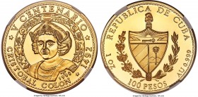 Republic gold Proof "Christopher Columbus" 100 Pesos 1990 PR69 Ultra Cameo NGC, KM302. Mintage: 250. Struck for the 500th anniversary of the discovery...