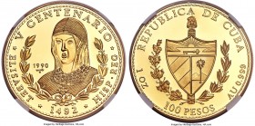Republic gold Proof "Queen Isabella" 100 Pesos 1990 PR69 Ultra Cameo NGC, KM304. Mintage: 250. Struck in commemoration of Queen Isabella of Spain. Fro...
