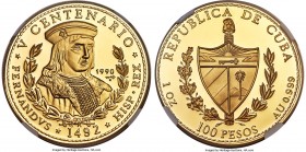 Republic gold Proof "King Ferdinand V" 100 Pesos 1990 PR69 Ultra Cameo NGC, KM303. Mintage: 250. Struck as part of the "500th Anniversary - Discovery ...