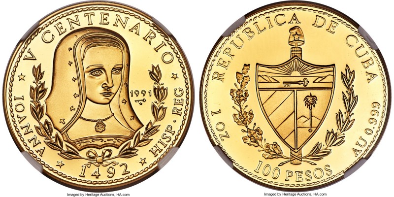 Republic gold Proof "Queen Joanna" 100 Pesos 1991 PR70 Ultra Cameo NGC, KM45, Fr...