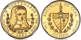Republic gold Proof "Queen Joanna" 100 Pesos 1991 PR70 Ultra Cameo NGC, KM45, Fr-61. Mintage: 200. "500th Anniversary of the New World" series. A tech...