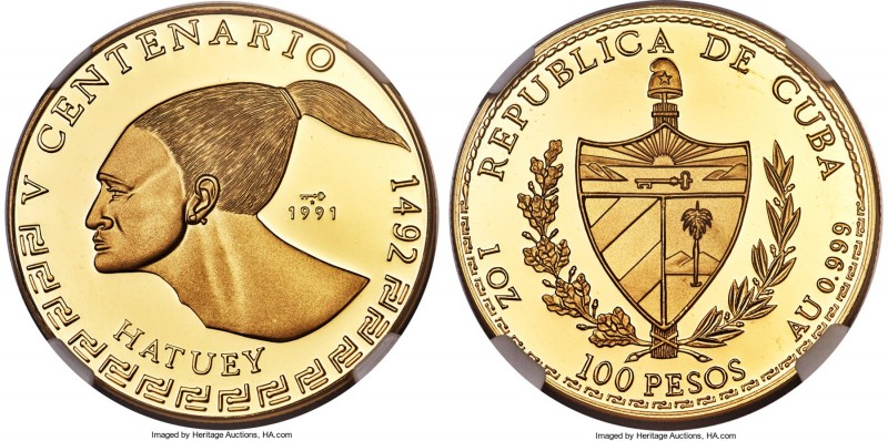 Republic gold Proof "Hatuey Tribesman" 100 Pesos 1991 PR69 Ultra Cameo NGC, KM45...