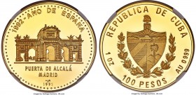 Republic gold Proof "Alcala Gate" 100 Pesos 1991 PR69 Ultra Cameo NGC, KM535. Mintage: 100. Featuring the Puerta de Alcala in Madrid. From the El Don ...