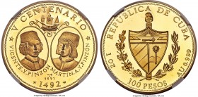 Republic gold Proof "Pinzon Brothers" 100 Pesos 1991 PR68 Ultra Cameo NGC, KM450. Mintage: 200. New World 500th Anniversary Series. From the El Don Di...
