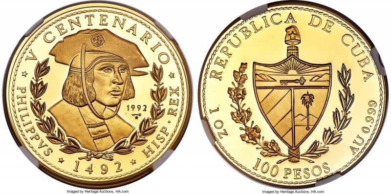 Republic gold Proof "King Philip" 100 Pesos 1992 PR70 Ultra Cameo NGC, KM455. Mi...
