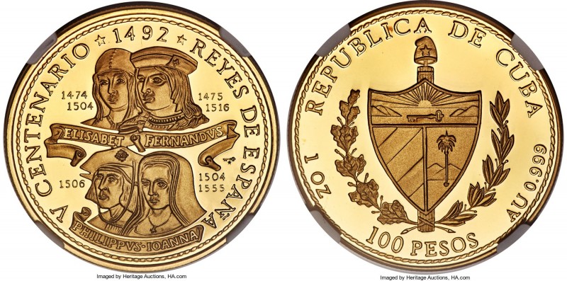 Republic gold Proof "Spanish Kings & Queens" 100 Pesos 1992 PR70 Ultra Cameo NGC...