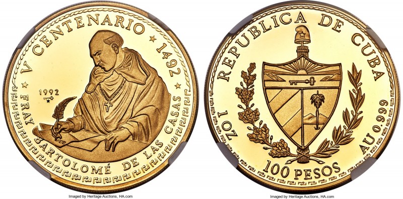 Republic gold Proof "Bartolome de las Casas" 100 Pesos 1992 PR70 Ultra Cameo NGC...