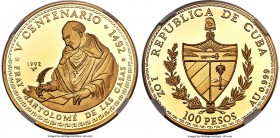 Republic gold Proof "Bartolome de las Casas" 100 Pesos 1992 PR70 Ultra Cameo NGC, KM3773. Mintage: 100. Struck as part of the "500th Anniversary - Dis...