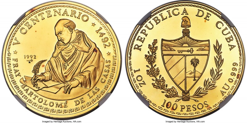 Republic gold Proof "Bartolome de Las Casas" 100 Pesos 1992 PR68 Ultra Cameo NGC...