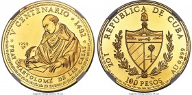 Republic gold Proof "Bartolome de Las Casas" 100 Pesos 1992 PR68 Ultra Cameo NGC, KM453. Celebrating "Bartolome de las Casas". This issue saw only 100...