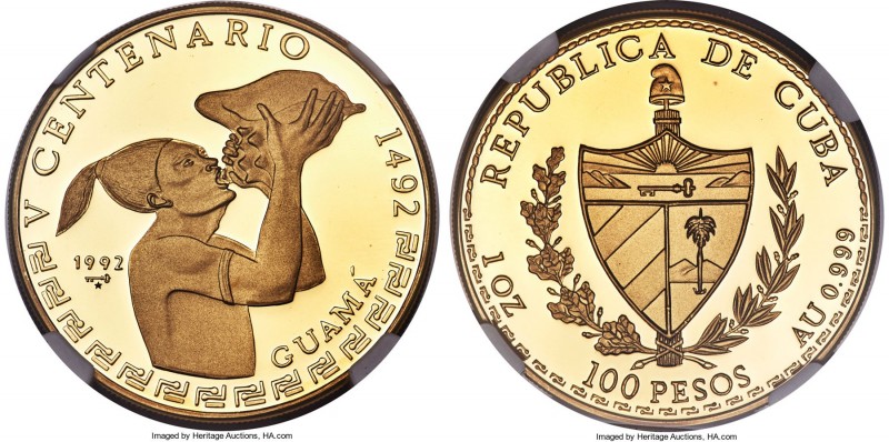 Republic gold Proof "Guama" 100 Pesos 1992 PR69 Ultra Cameo NGC, KM454. Mintage:...