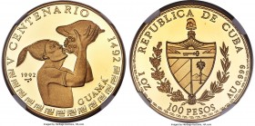 Republic gold Proof "Guama" 100 Pesos 1992 PR69 Ultra Cameo NGC, KM454. Mintage: 100. Essentially unhandled since minting. From the El Don Diego Luna ...