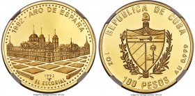Republic gold Proof "El Escorial" 100 Pesos 1992 PR69 Ultra Cameo NGC, KM385. Mintage: 225. A sharply detailed and nearly flawless Proof depicting El ...