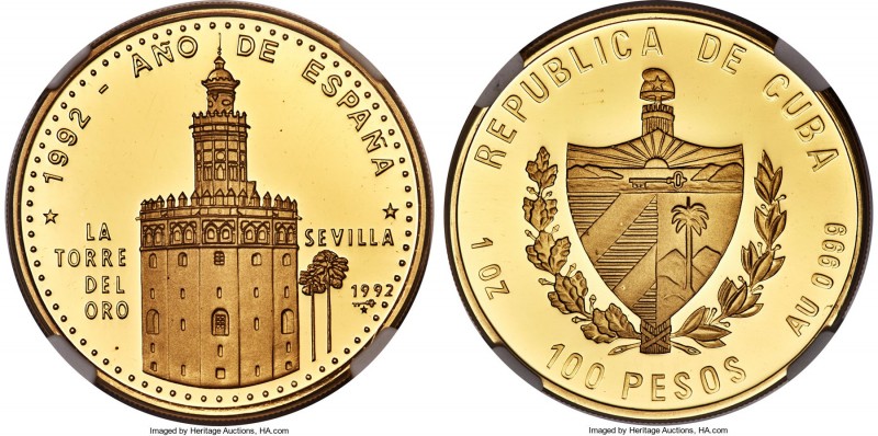 Republic gold Proof "Tower of Gold - Seville" 100 Pesos 1992 PR66 Ultra Cameo NG...