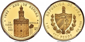 Republic gold Proof "Tower of Gold - Seville" 100 Pesos 1992 PR66 Ultra Cameo NGC, KM384. Mintage: 225. Struck in commemoration of the "Torre del Oro"...