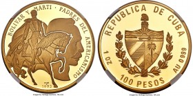 Republic gold Proof "Bolivar & Marti" 100 Pesos 1993 PR69 Ultra Cameo NGC, KM916. Variety with outline around horse. Approaching technical perfection,...