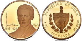 Republic gold Proof "Federico Garcia Lorca" 100 Pesos 1993 PR68 Ultra Cameo NGC, KM539, Fr-81. Mintage: 100. Commemorating the 95th anniversary of the...