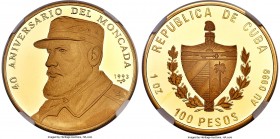 Republic gold Proof "Fidel Castro" 100 Pesos 1993 PR66 Ultra Cameo NGC, KM537. Mintage: 100. Issued in celebration of the 40th Anniversary of the assa...