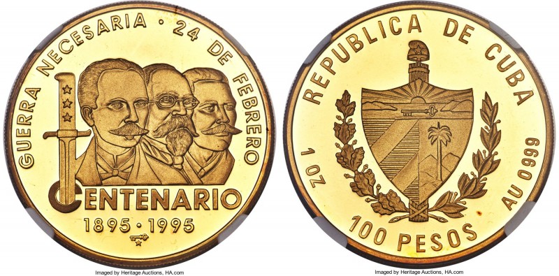 Republic gold Proof "100th Anniversary" 100 Pesos 1995 PR68 Ultra Cameo NGC, KM5...