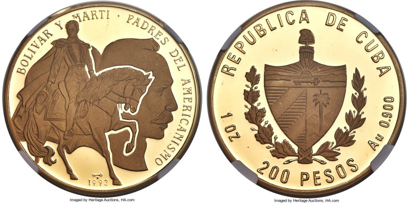 Republic gold Proof "Bolivar & Marti" 200 Pesos 1993 PR69 Ultra Cameo NGC, KM542...