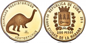 Republic gold Proof "Apatosaurus" 200 Pesos 1993 PR70 Ultra Cameo NGC, KM543. Mintage: 200. Luxuriously frosted devices float atop the perfect mirror ...
