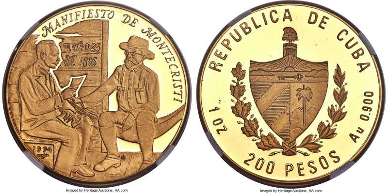 Republic gold Proof Piefort "Montecristi Manifesto" 200 Pesos 1994 PR69 Ultra Ca...