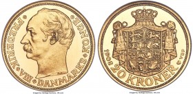 Frederik VIII gold Proof 20 Kroner 1908 (h)-VBP PR65 Ultra Cameo NGC, Copenhagen mint, KM810 (unlisted in Proof), Hede-1, Sieg-2. One of just three to...