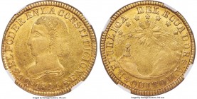 Republic gold 8 Escudos 1841 QUITO-MV XF45 NGC, Quito mint, KM23.2. Small size type. The first year of this significantly rarer smaller size 8 Escudos...