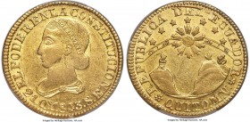 Republic gold 8 Escudos 1843 QUITO-MVS AU Details (Scratch) PCGS, Quito mint, KM23.2, Fr-3. A beautiful representative of this Liberty Head type, with...