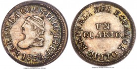 Republic 1/4 Real 1850 QUITO-GJ AU55 PCGS, Quito mint, KM36. Essentially Mint State, its diminutive size resulting in simplistic and shallow engraving...