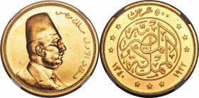 Fuad I gold Proof 500 Piastres AH 1340 (1922) PR61 NGC, London mint, KM342. Mildly scuffed to the fields commensurate with the grade, an otherwise ple...