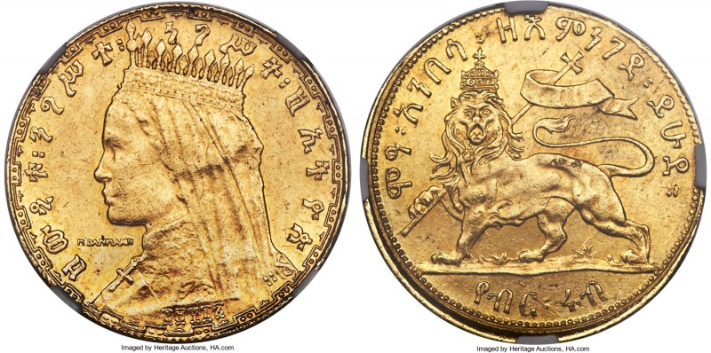 Zauditu gold Pattern 2 Werk (1/4 Birr) EE 1917 (1924) MS61 NGC, Addis Ababa mint...